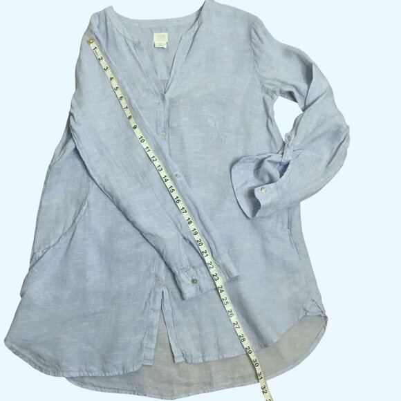 SIGRID OLSEN Linen Tunic Blouse Blue Button Front Long Tab Sleeve Pockets Sz M - Picture 4 of 8